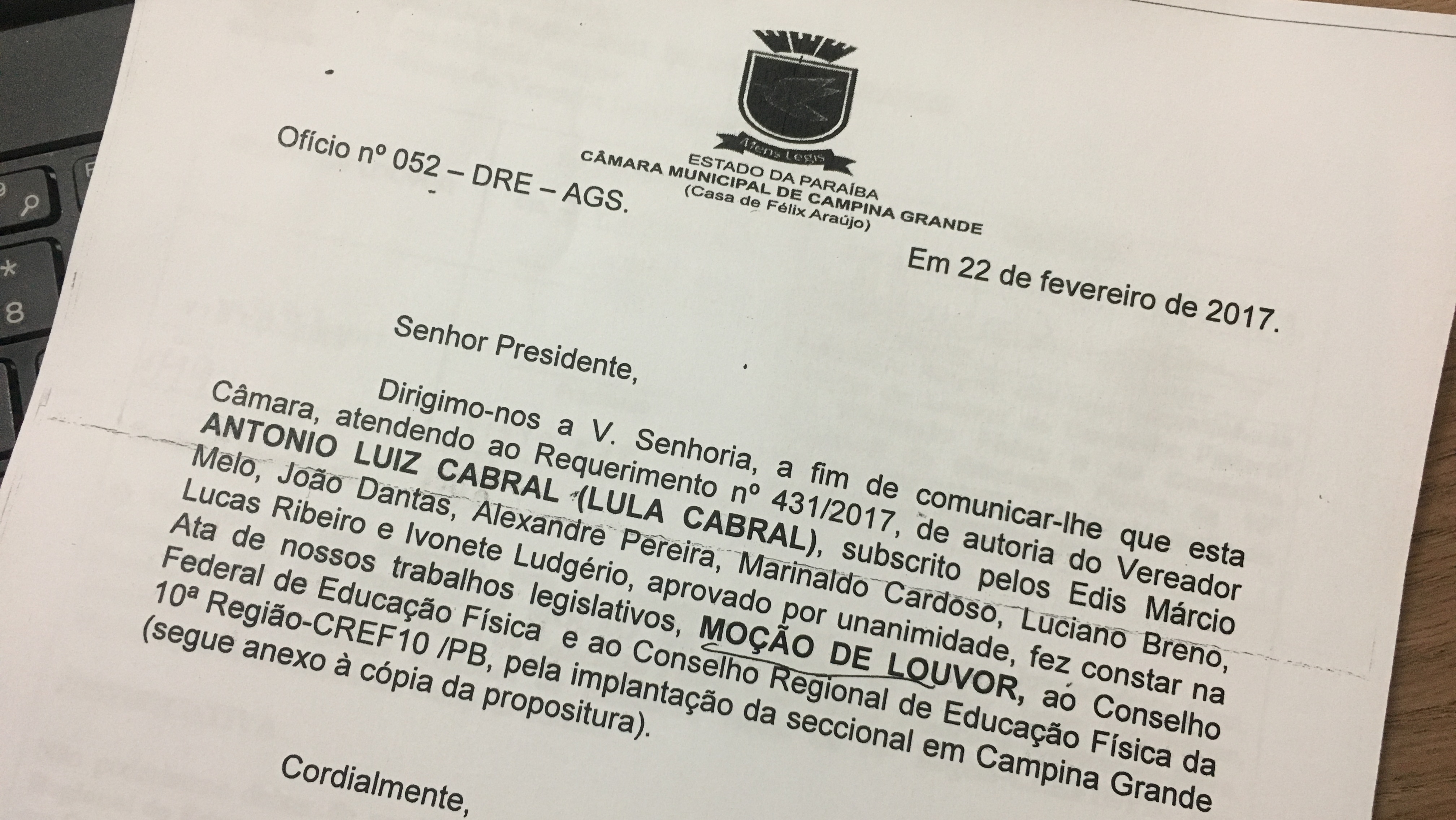 CREF10/PB recebe Monção de Louvor da Câmara Municipal de Campina Grande